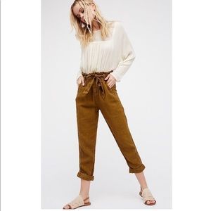 Free People Tan High Rise 100% Linen Like This Paper Bag Pant Sz S